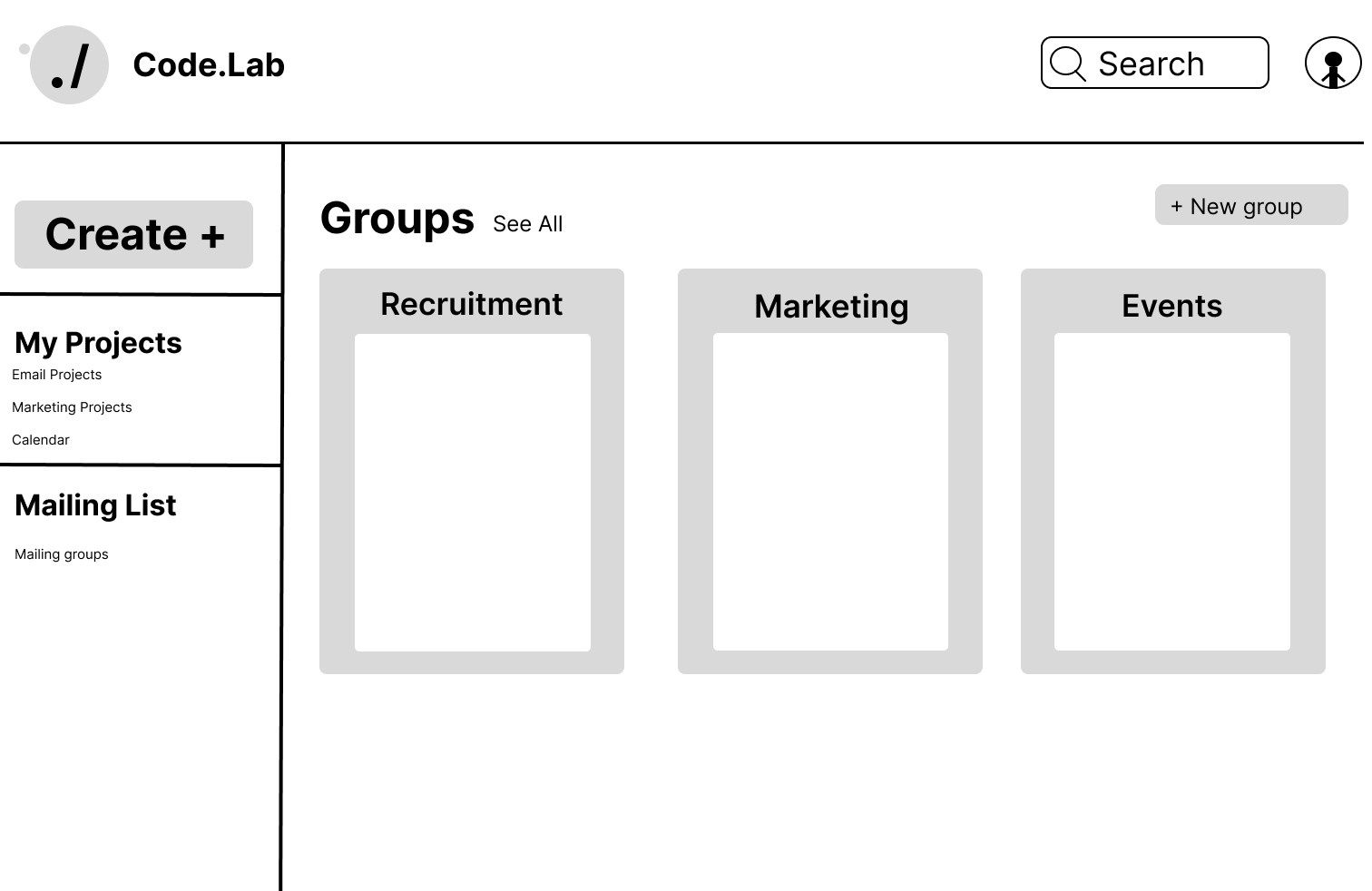 Old mid-fi Contact Groups page, orange Mailchimp-inspired style
